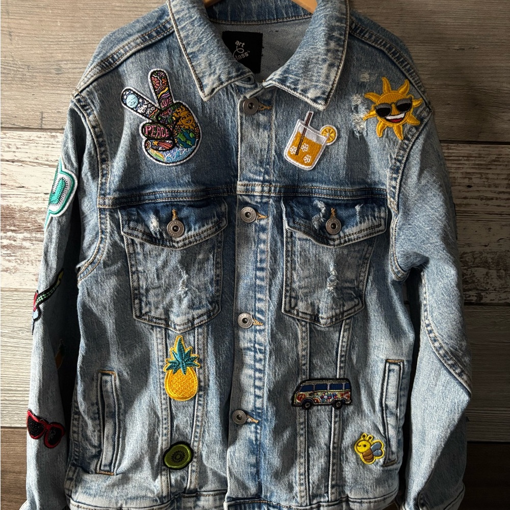 Art Class Blue Jean Jacket with Decorative Patches